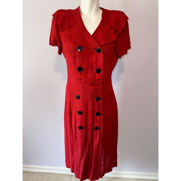 Vtg 40s Red Button Shirt Dress Double Breasted Short Sleeve Womens Size M/L - Picture 2 of 6